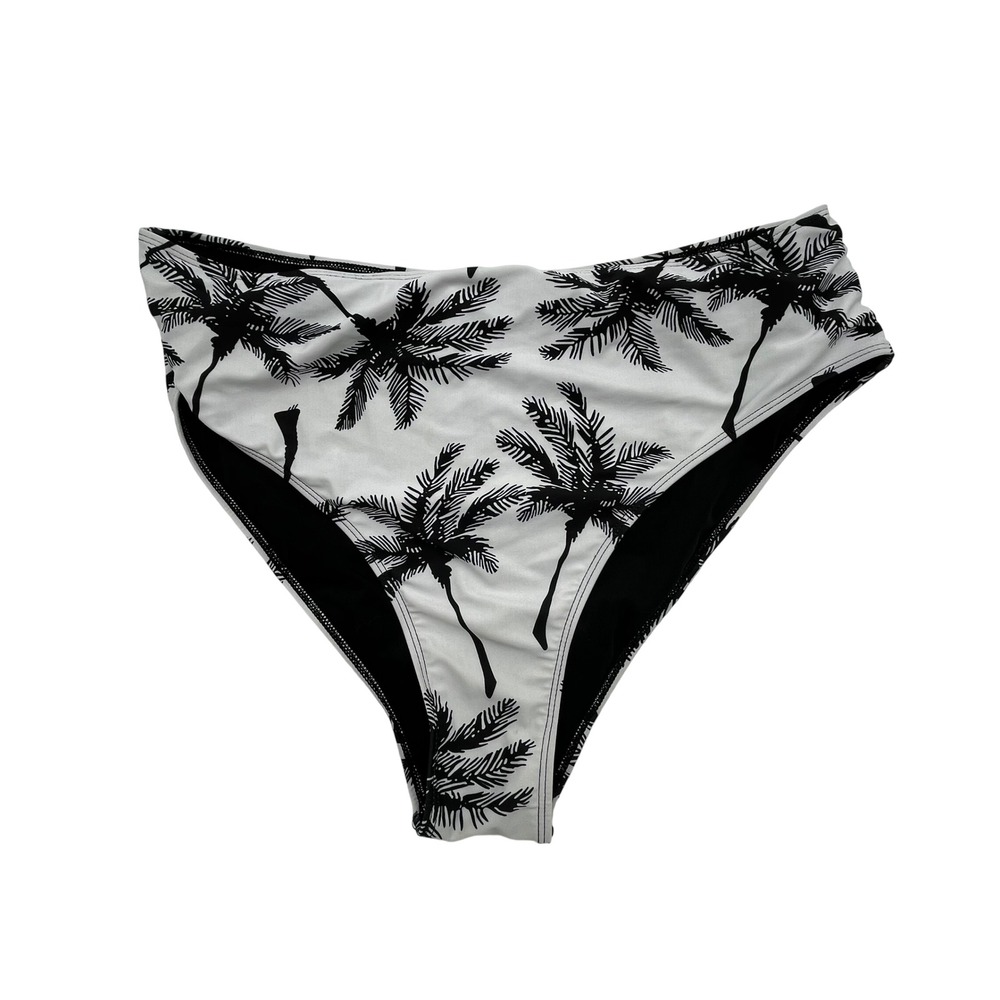 Palm Tree Print High Waisted Bikini Bottoms White Black Plus Size 3XL